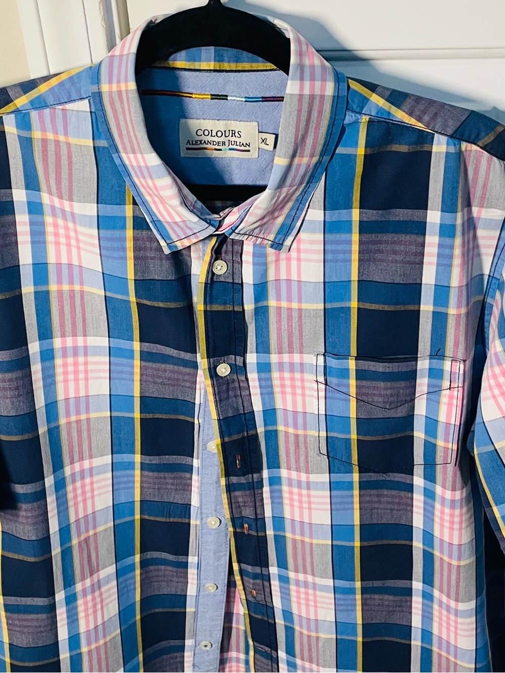Alexander Julian Men’s Navy Pink Plaid Button Down Shirt Short Sleeve Casual